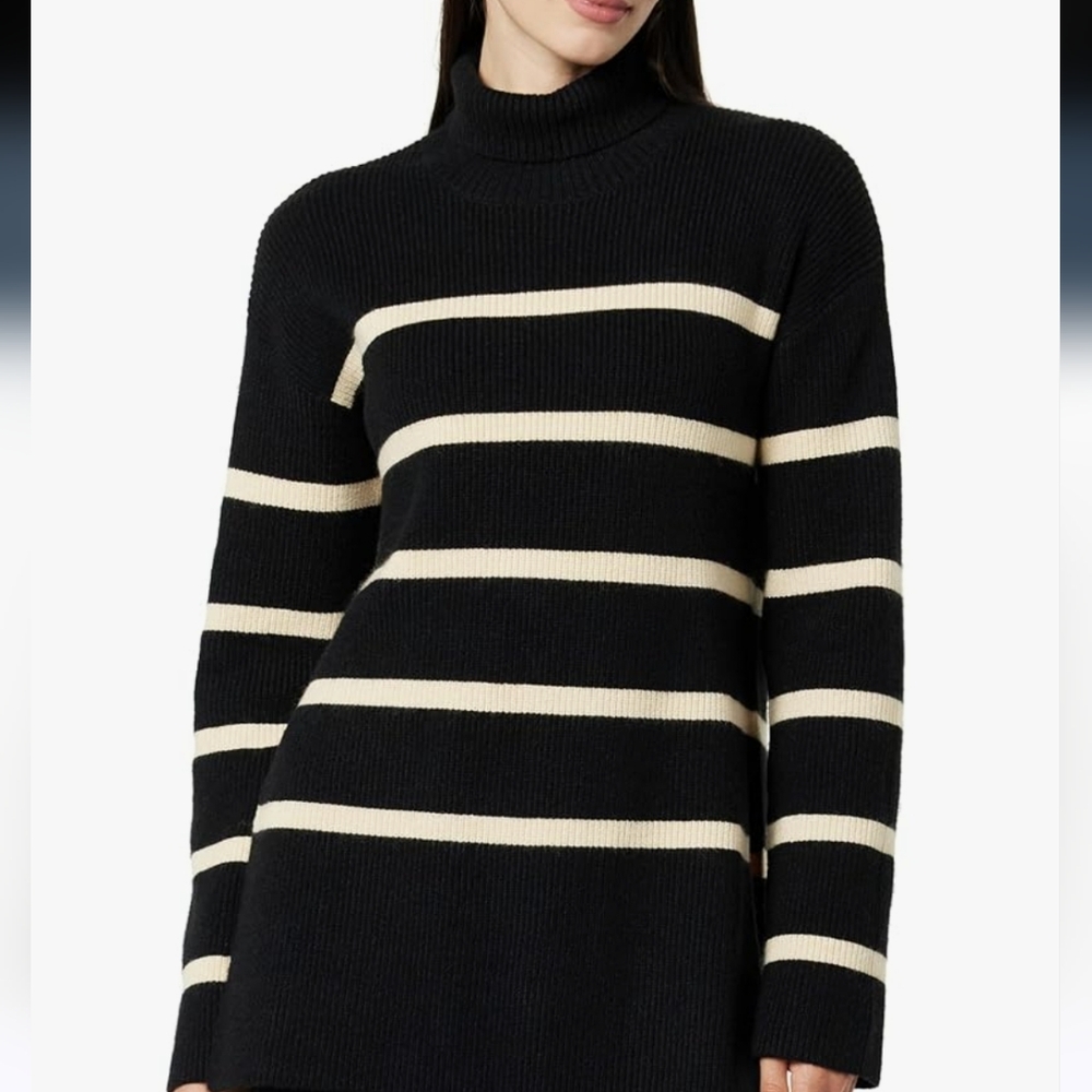 The Drop Women's Black and Cream Striped Turtleneck Sweater
